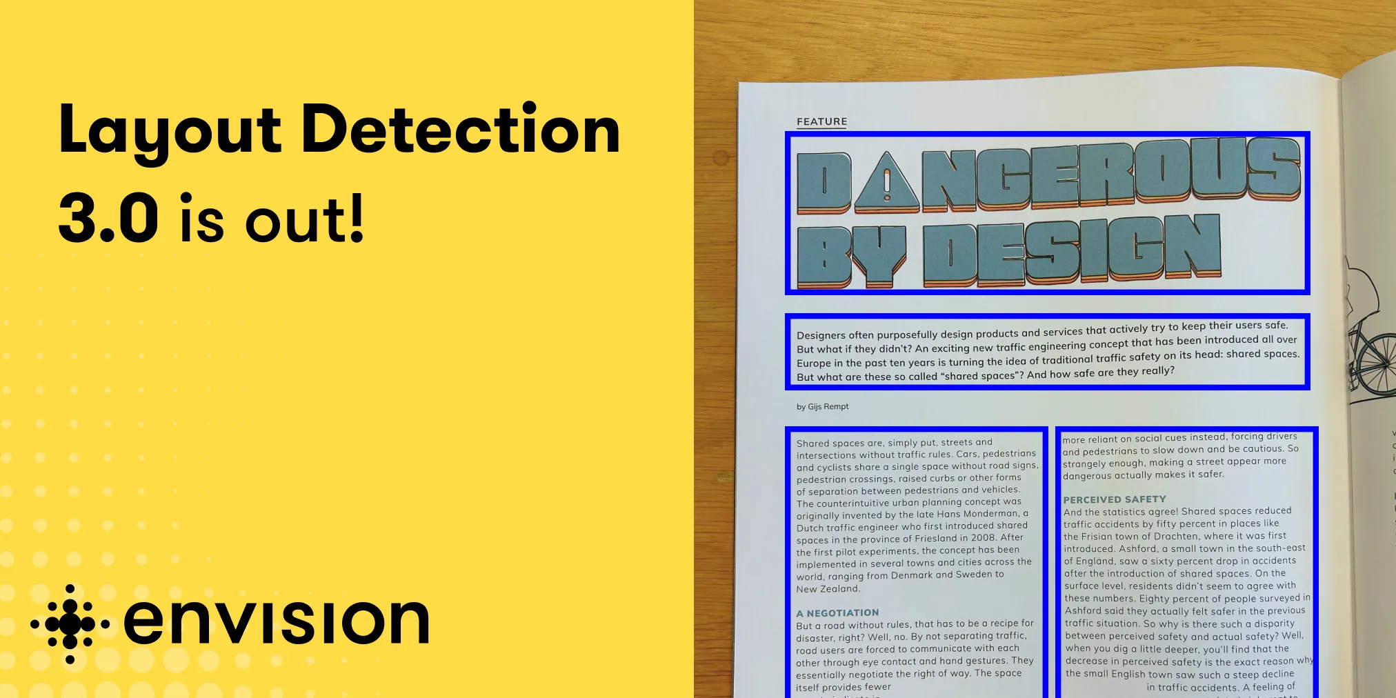 Layout detection is out 3.0. photo shows a book with the layout marked in blue from headline to body